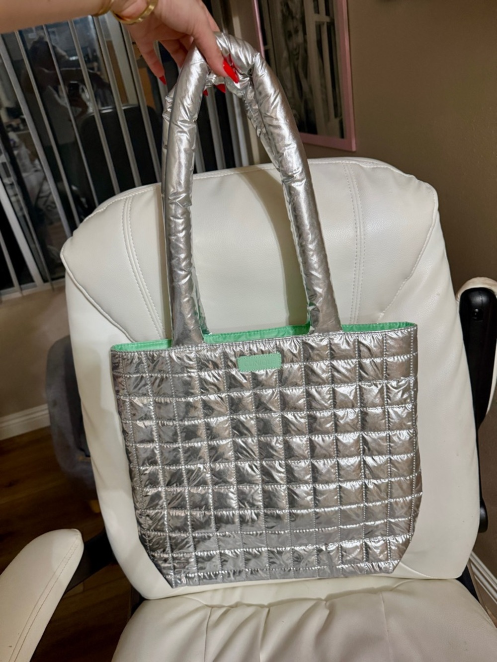Clinique Metallic Silver Quilted Tote Bag with Mint Trim